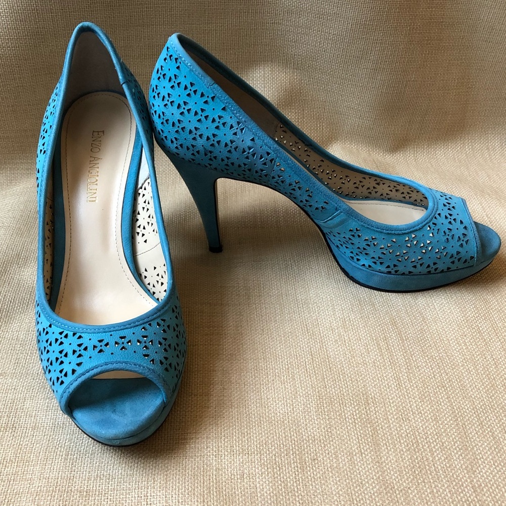 Enzo Angiolini Blue Suede Laser Cut Peep Toe Stilettos Pumps Heels